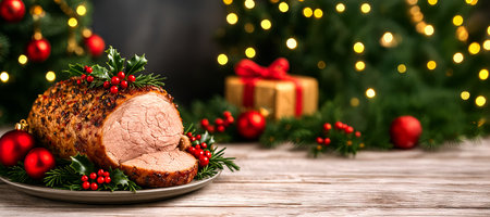 Christmas roast decorated with holly and red ornaments on wooden table with christmas tree lights in background. concept of festive dining, holiday feast, Traditional roasted ham, banner, copy space.の写真素材