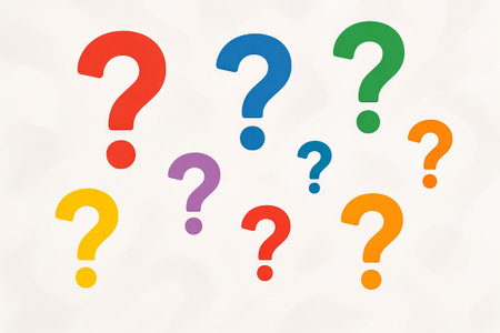 Colorful floating question marks on simple background concept of curiosity, inquiry, and puzzlement...