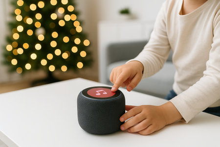Child interacting with a music speaker in a cozy room with a christmas tree and festive lights in...