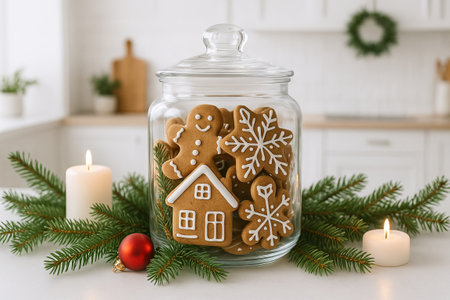 Christmas gingerbread cookies in a jar on festive table with candles and holiday decor in cozy...