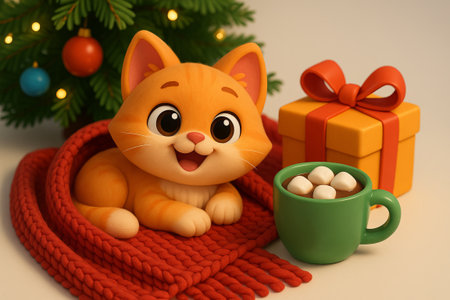Cute kitten by christmas tree with gift and hot chocolate mug wrapped in cozy blanket. concept of...