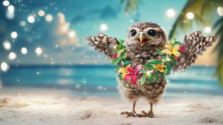 Cheerful owl with colorful lei joyfully flapping wings on tropical beach at sunset. concept of festive summer celebration, joyful bird image, vibrant island spirit, copy space.の写真素材