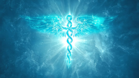 Glowing blue caduceus symbol on white background signifying medical and healthcare concepts of...