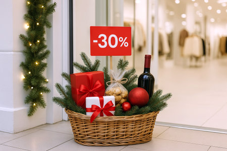 Christmas discount basket display with gifts, wine bottle, and holiday decor for festive shopping...