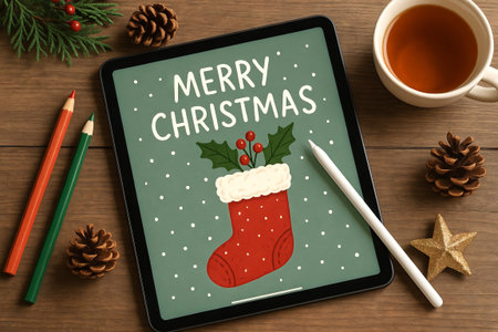 Digital christmas card design featuring a red stocking with holly on a tablet screen. concept of festive greetings, holiday decor, christmas celebration.
