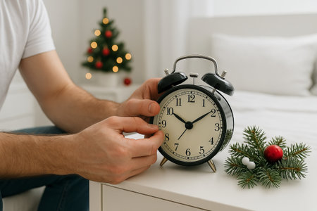 Man setting alarm clock on table with christmas decorations and tree near bed. concept of holiday...