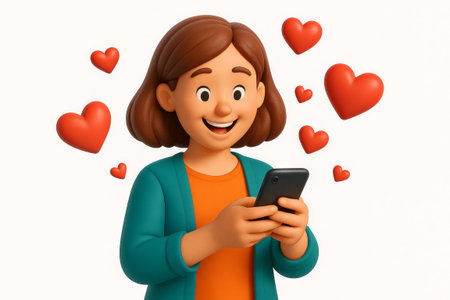 Young woman smiling at smartphone surrounded by heart icons illustration. concept of social media,...