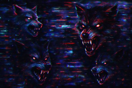 Four growling wolves with glowing eyes in a dark glitchy digital background. concept of digital art,...