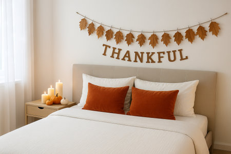 Cozy bedroom decorated for thanksgiving with candles, pumpkins, and leaf garland. concept of autumn...