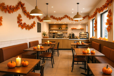 Cozy cafe decorated with pumpkins and autumn leaves for thanksgiving celebration. concept of fall seasonal decor, warm ambiance, festive atmosphere.