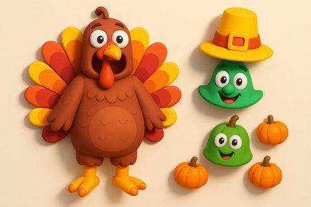 Cute thanksgiving turkey with colorful feathers and smiling green vegetables wearing hats surrounded by small pumpkins. concept of thanksgiving celebration, festive decor, holiday symbols.の写真素材