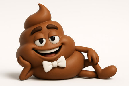 Smiling cartoon poop character relaxing with bow tie on white background. concept of humor,...