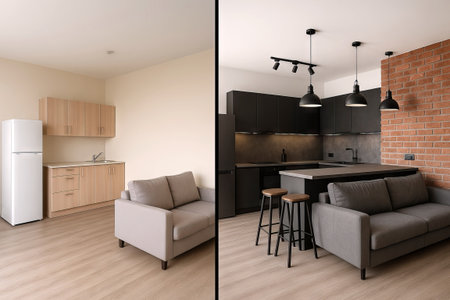 Modern kitchen and living room before and after transformation featuring stylish decor and...