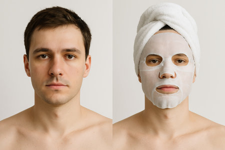 Young caucasian man using skincare facial mask for nourished and healthy skin transformation....