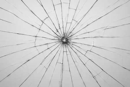 Close-up view of shattered glass pattern with intricate cracks radiating from the center, creating a...