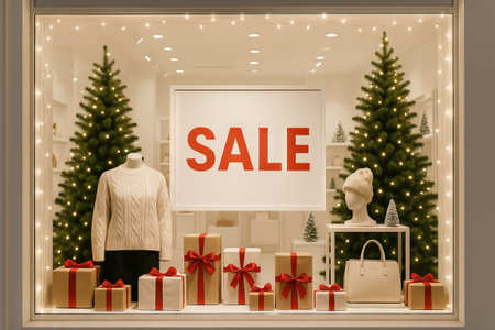 Christmas sale window display with festive decor including gifts, mannequins, and illuminated trees....