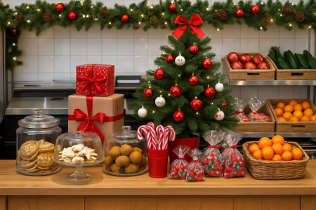 Festive christmas store display with decorated tree and assorted holiday treats. concept of festive...
