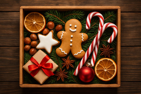 Festive christmas gingerbread scene with candy canes and seasonal decor in wooden tray. concept of...