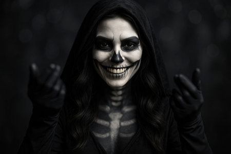 Mysterious skeleton woman in black hood on dark background. concept of halloween costume, eerie...