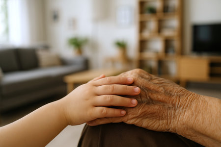Tender moment of child and elderly hand touching in cozy home setting. concept of generational bond,...
