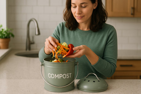 Woman in kitchen engaging in composting activity with vegetable scraps, promoting sustainable living...