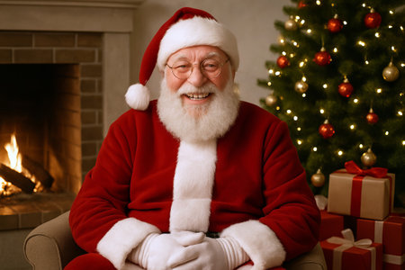 Santa claus sharing holiday message by cozy fireplace with christmas tree and gifts in the background. concept of festive holiday spirit, christmas cheer, joyful celebration.のeditorial素材