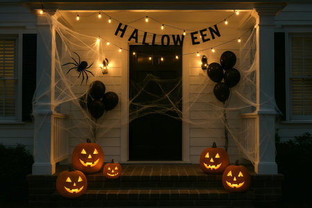 Halloween house decor with pumpkins, spider, and webs creating spooky atmosphere for seasonal celebration at night. concept of festive decoration, holiday spirit, halloween night.の写真素材