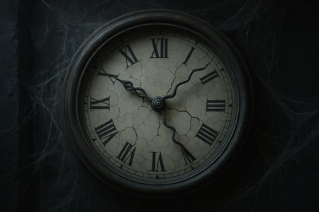 Old vintage clock covered in spiderwebs showing midnight in dark room. Concept of haunted time,...