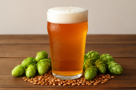 Golden beer ingredients with barley and hops on a wooden table. concept of brewing process, nature's...