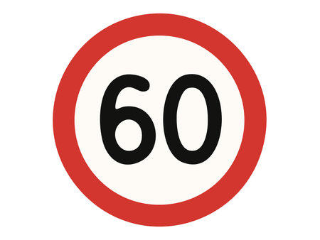 Circular speed limit sign with 60 numeral inside red border, traffic regulation symbol, road safety warning, highway control, transportation, public signs, white background.のイラスト素材
