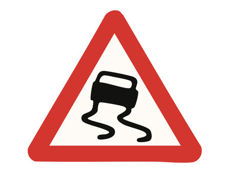 Red triangular warning road sign with black slippery road symbol, isolated on white background. concept of traffic safety, road hazard, driving alert, signage, transportation.のイラスト素材
