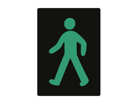 Green pedestrian walking icon on black and white background, traffic signal illustration. concept of road safety, crossing sign, public transportation, wayfinding, icon, design.のイラスト素材