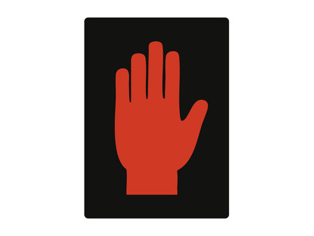 Red hand traffic signal icon sign on black background, graphic illustration. Concept of pedestrian stop sign, crosswalk light symbol, prohibition signal, traffic safety, design element.のイラスト素材