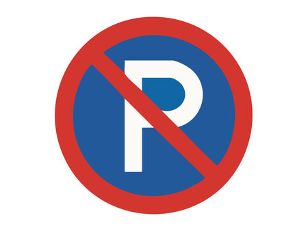 No parking road sign with white letter P crossed by red line on blue circle isolated on white background, graphic illustration. Concept of traffic prohibition, urban regulation, vehicle restriction.のイラスト素材