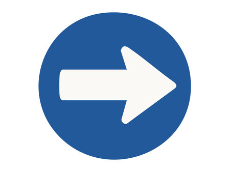 Blue circular right arrow traffic sign isolated on white background, graphic illustration. concept of direction, road safety, navigation aid, information, traffic control sign.のイラスト素材