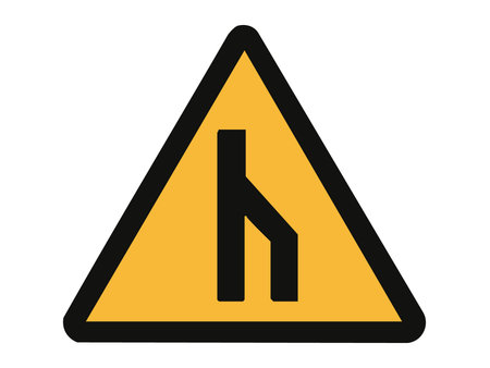 Warning road sign with lane merging from right inside yellow triangle isolated on white background, graphic illustration. Concept of road merge, traffic flow, highway connection, safety alert.のイラスト素材