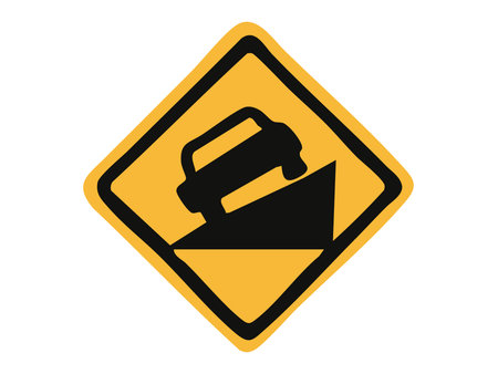 Graphic illustration of road sign with car on steep hill, caution warning symbol. concept of traffic safety, road conditions, driving alert, transportation notice, yellow diamond sign.のイラスト素材