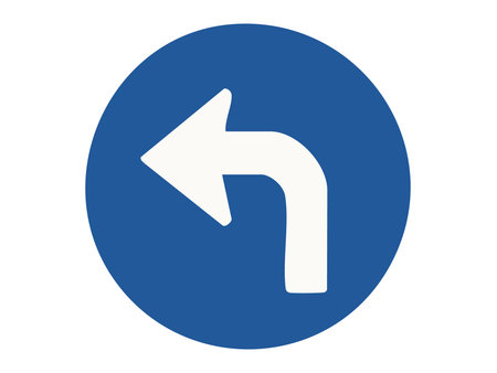 Mandatory road sign with white arrow pointing left inside blue circle isolated on white background, graphic illustration. Concept of traffic direction, turn left only, road navigation rule.のイラスト素材