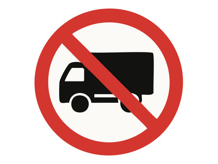 No entry road sign for trucks with red prohibition circle and black lorry icon isolated on white background, graphic illustration. Concept of traffic restriction, vehicle ban, transport regulation.のイラスト素材