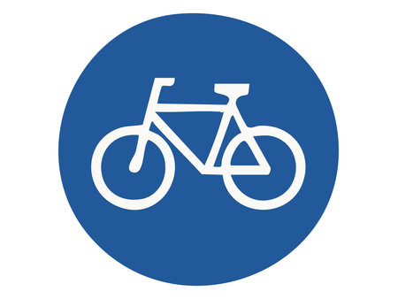 Mandatory road sign with white bicycle icon inside blue circle isolated on white background, graphic illustration. Concept of bike lane, cycling path, urban mobility, traffic rule, design element.のイラスト素材