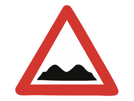 Warning road sign with black bump symbol inside red triangle isolated on white background, graphic illustration. Concept of speed bump, uneven road surface, driving hazard, traffic caution.のイラスト素材