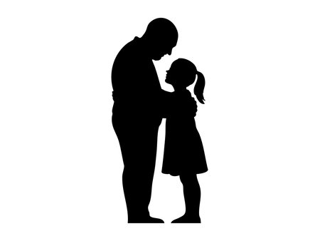 Black silhouette of elderly man and girl embracing, isolated on white background, graphic illustration. concept of family, father-daughter bond, love, icon, design element.のイラスト素材