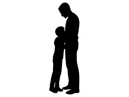 Black silhouette of adult man embracing child boy, isolated on white background, graphic illustration. concept of family, care, love, parent-child relationship, emotional support.のイラスト素材