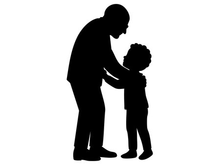 Black silhouette of grandfather and child embracing, isolated on white background, graphic illustration. concept of family, bonding, support, love, parenting, design element.のイラスト素材