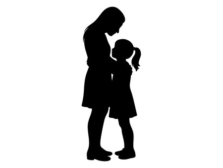 Black silhouette of woman and child standing together, isolated on white background, graphic illustration. concept of family, mother, daughter, love, bonding, design element.のイラスト素材