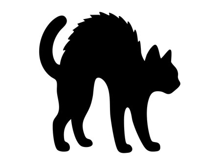 Black silhouette of arched back cat, graphic illustration, isolated on white background. concept of pet, halloween symbol, spooky animal, feline form, icon, design element.のイラスト素材
