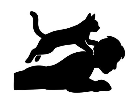 Black silhouette of cat jumping over lying man isolated on white background. concept of pet, cat behavior, playful animal, human interaction, design element.のイラスト素材