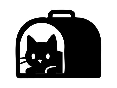 Black silhouette of cat inside carrier, isolated on white background, graphic illustration. concept of pet transport, feline safety, travel accessory, icon, design element.のイラスト素材