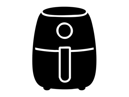 Black silhouette of air fryer kitchen appliance isolated on white background, graphic illustration. Concept of healthy cooking, hot air oven, oil free fryer, modern food preparation device.のイラスト素材