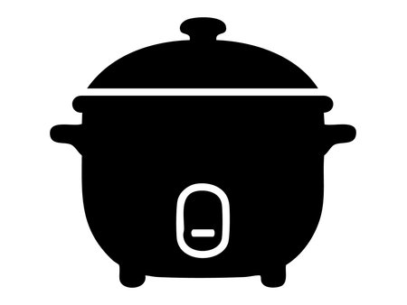 Black silhouette of rice cooker with handle and lid, isolated on white background. concept of kitchen appliance, cooking tool, modern gadget, homeware, icon, simplified design.のイラスト素材